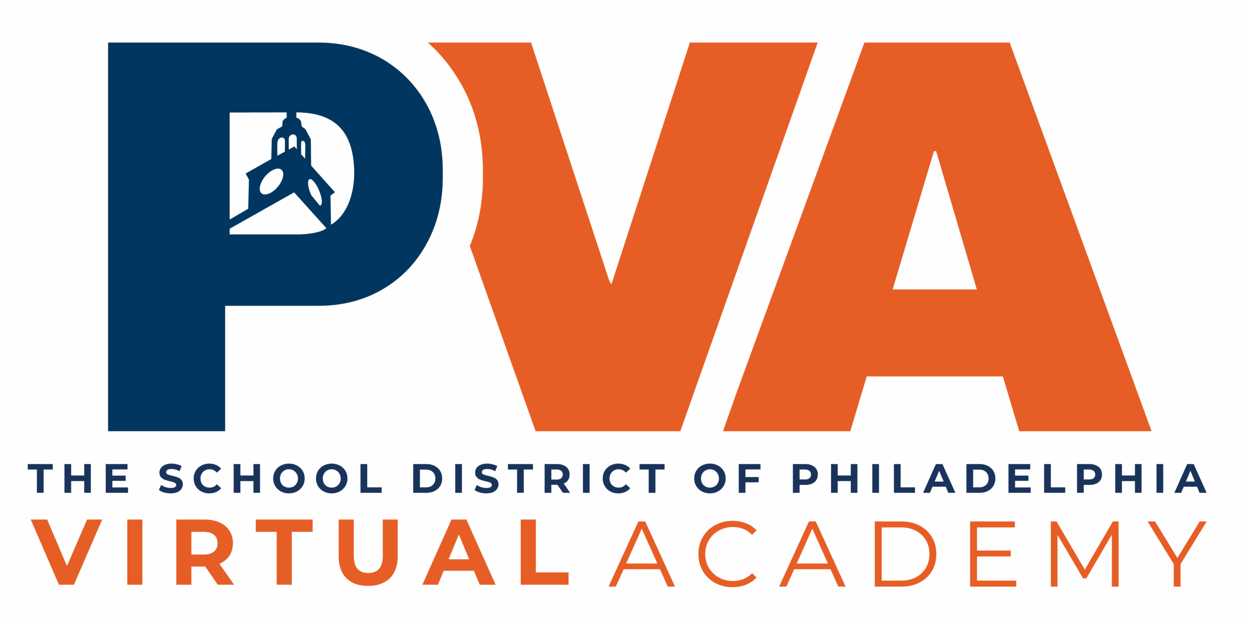 Logo for the Philadelphia Virtual Academy featuring large “PVA” letters, with the “P” containing a stylized schoolhouse icon. Below, the text reads “The School District of Philadelphia Virtual Academy.”