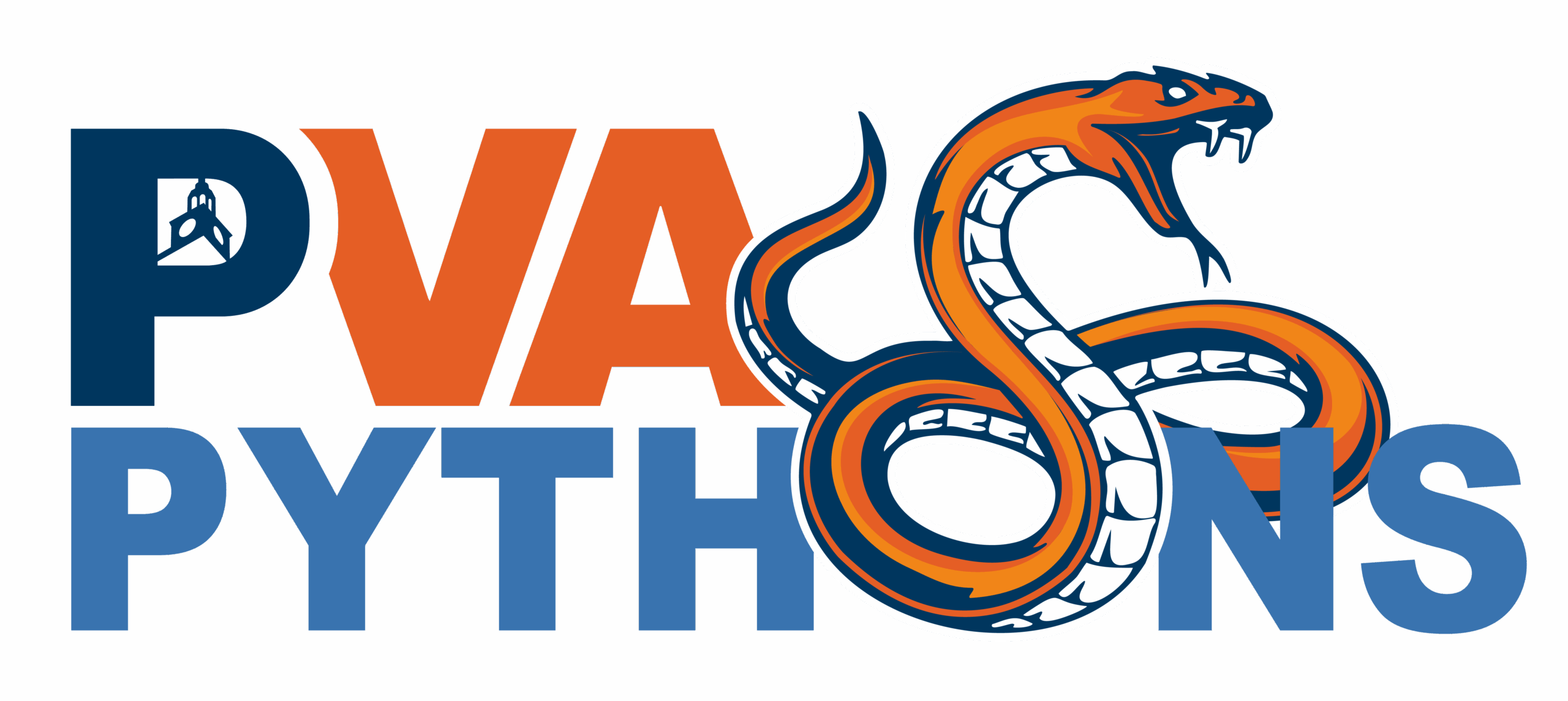 Logo for the Philadelphia Virtual Academy Pythons. Large letters “PVA” appear with a coiled orange and blue python forming the letter "S" in the word “PYTHONS.”